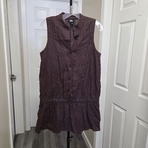 Donna 100% Cotton Sleeveless Button Front Tunic Top Boho Drop Waist Brown